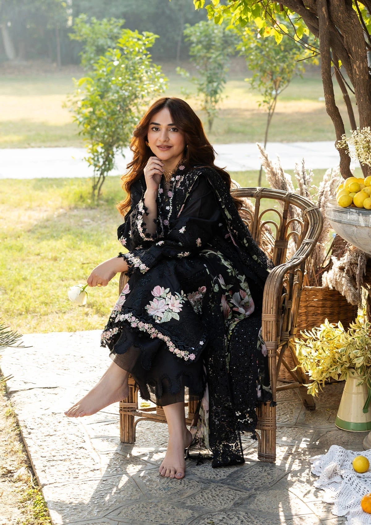 ELAF-3PC LAWN CHIKAN EMBROIDERED SHIRT WITH CHIFFON PRINTED EMB DUPATTA AND TROUSER-BIC-4811