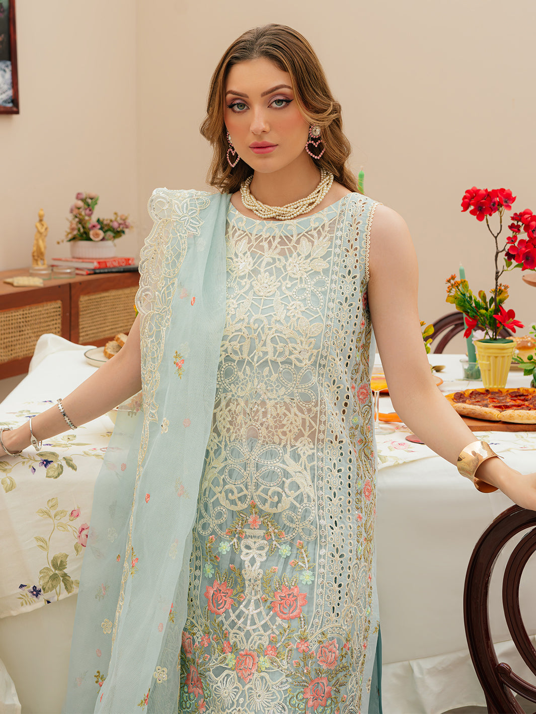 MAHNUR-3PC LAWN CHIKANKAARI EMBROIDERED SHIRT WITH KHAADI NET EMBROIDERED DUPATTA AND TROUSER -BIC-4749