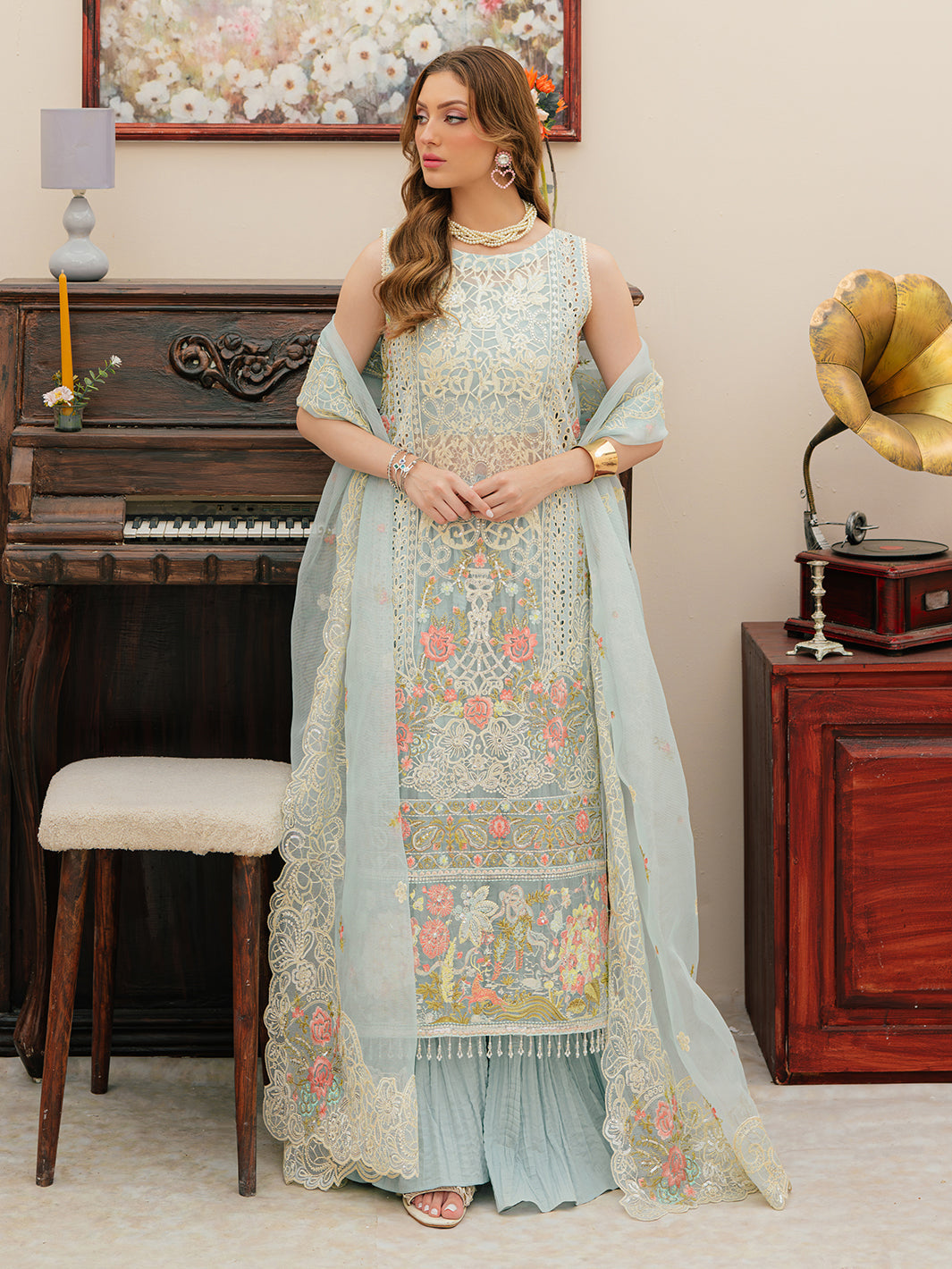 MAHNUR-3PC LAWN CHIKANKAARI EMBROIDERED SHIRT WITH KHAADI NET EMBROIDERED DUPATTA AND TROUSER -BIC-4749