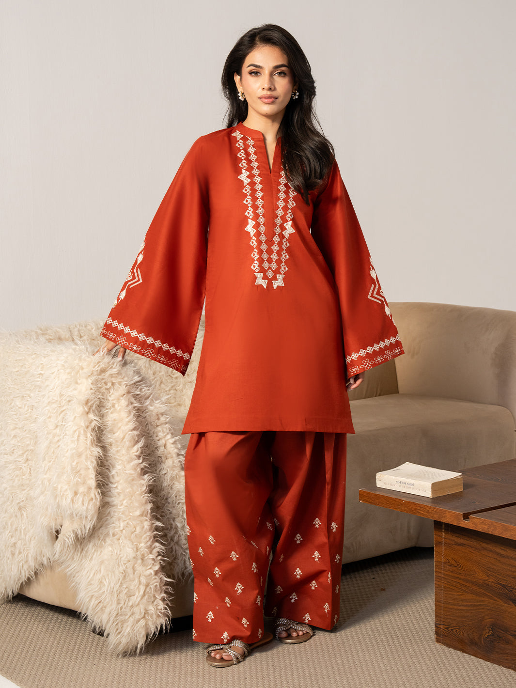 IZEL-2PC DHANAK EMBROIDERED SHIRT WITH DHANAK EMBROIDERED TROUSER-BIC-