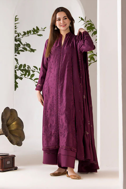 SOBIA NAZIR - 3PC DHANAK EMBROIDERED SHIRT WITH DHANAK EMBROIDERED SHAWL AND TROUSE-BIC-3423