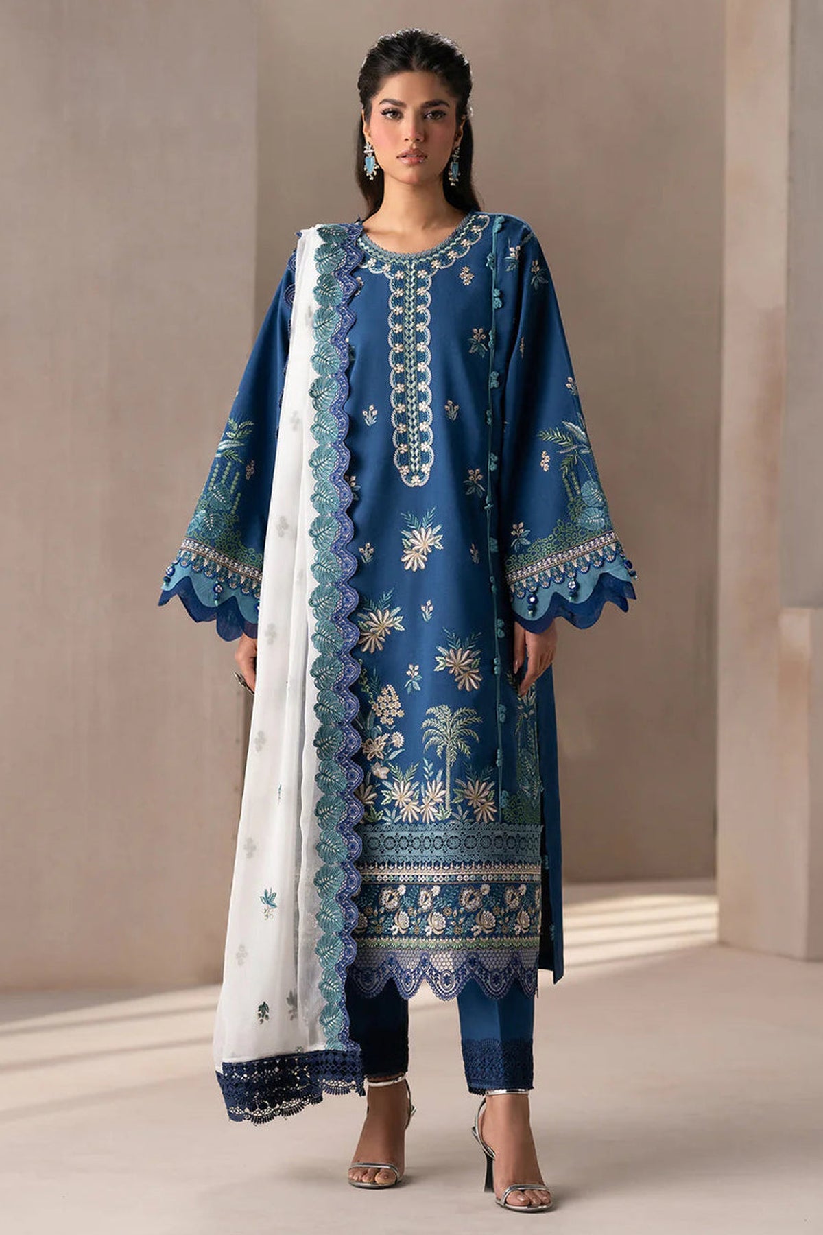 ETHNC-3PC DHANAK HEAVY EMBROIDERED SHIRT WITH COTTON NET EMBROIDERED DUPATTA AND EMB TROUSER-BIC-4220