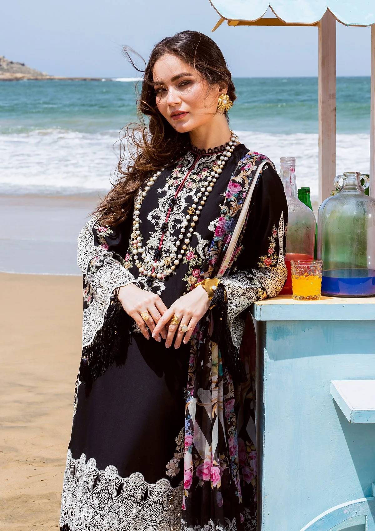 ELAF-3PC LAWN EMBROIDERED SHIRT WITH CHIFFON PRINTED DUPATTA AND EMB TROUSER-BIC-4697