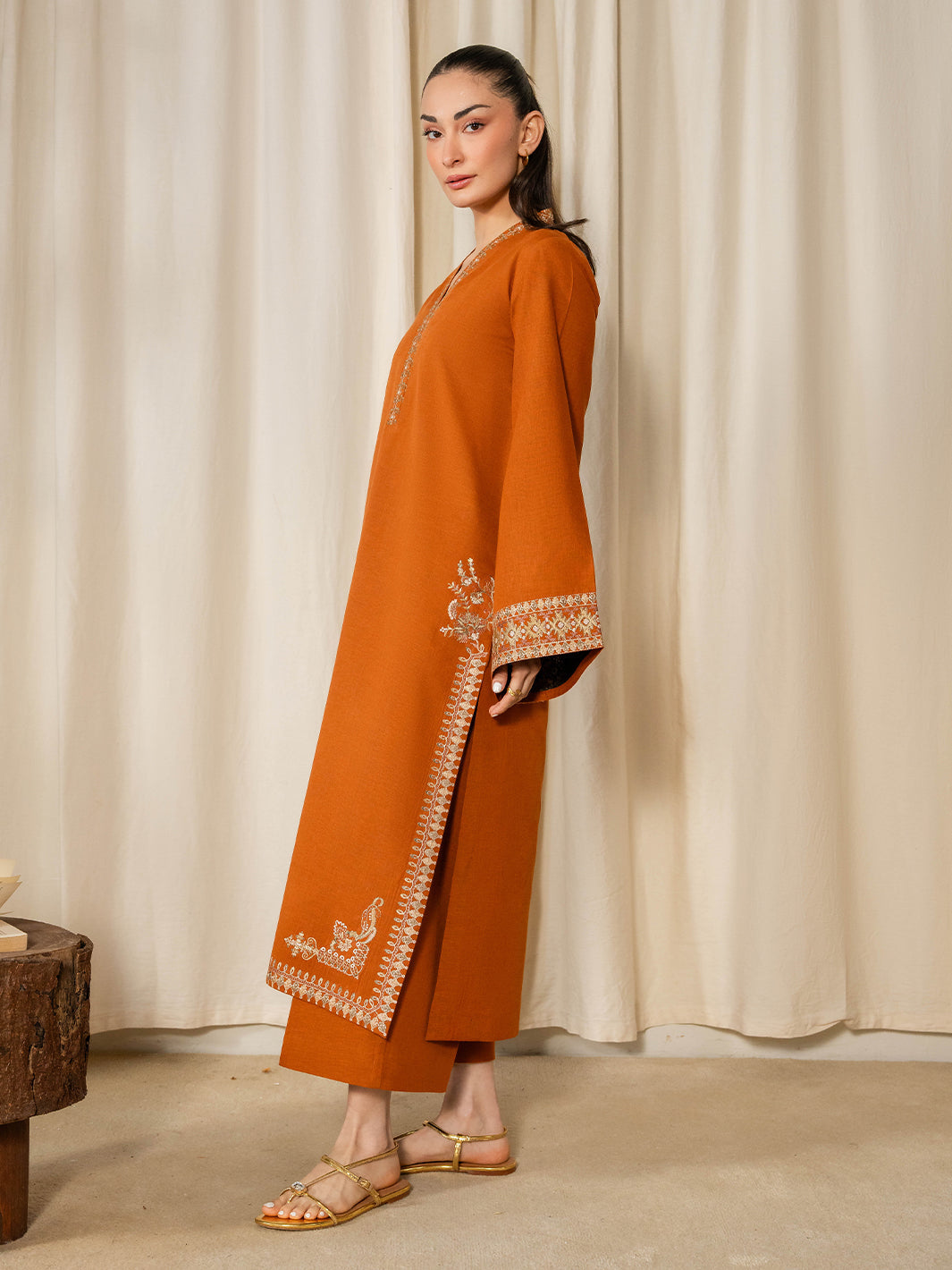 IZEL-2PIECE DHANAK EMBROIDERED SHIRT WITH DHANAK EMB SLEEVES-BIC-15082