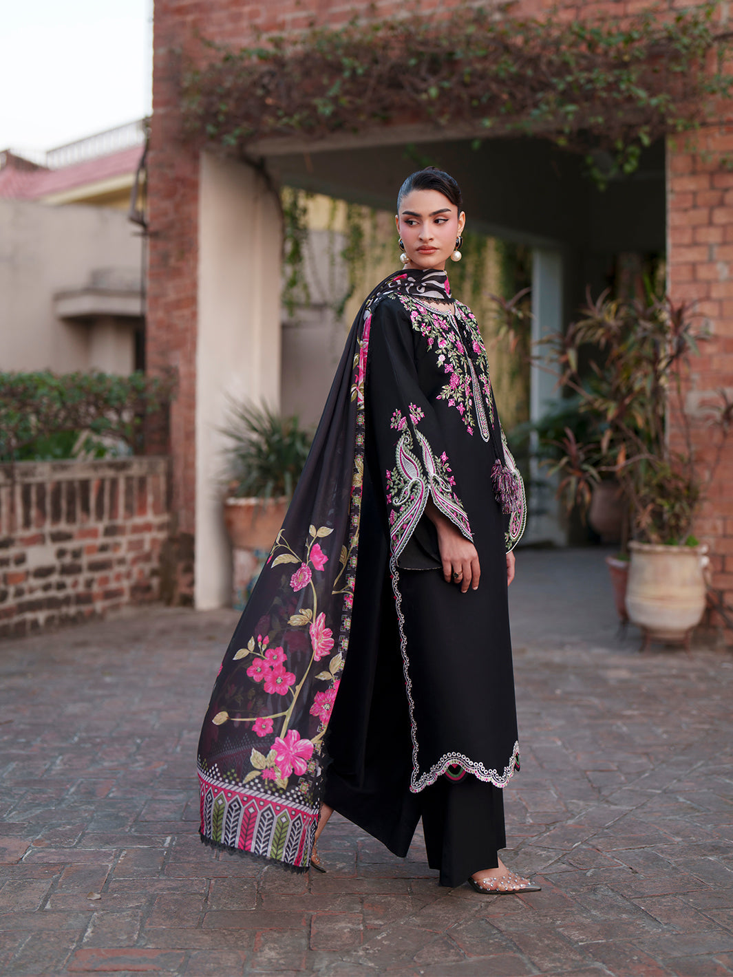 MAHNUR-3PIECE LAWN EMBROIDERED SHIRT WITH CHIFFON PRINTED DUPATTA AND TROUSER-BIC-4854