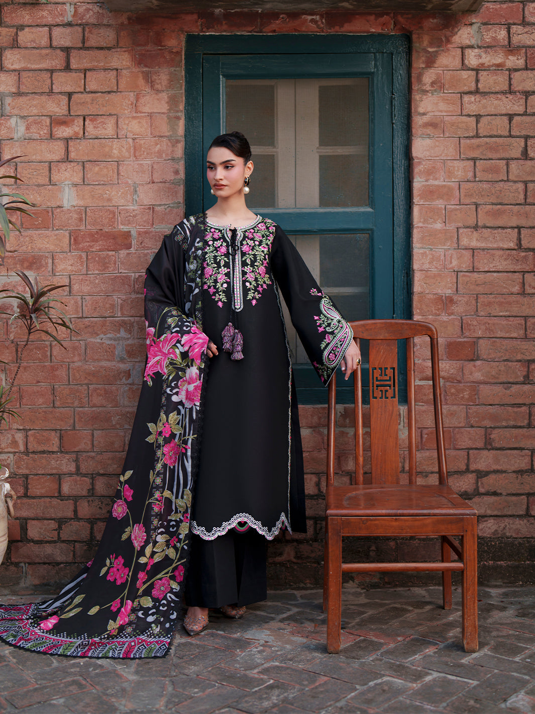 MAHNUR-3PIECE LAWN EMBROIDERED SHIRT WITH CHIFFON PRINTED DUPATTA AND TROUSER-BIC-4854
