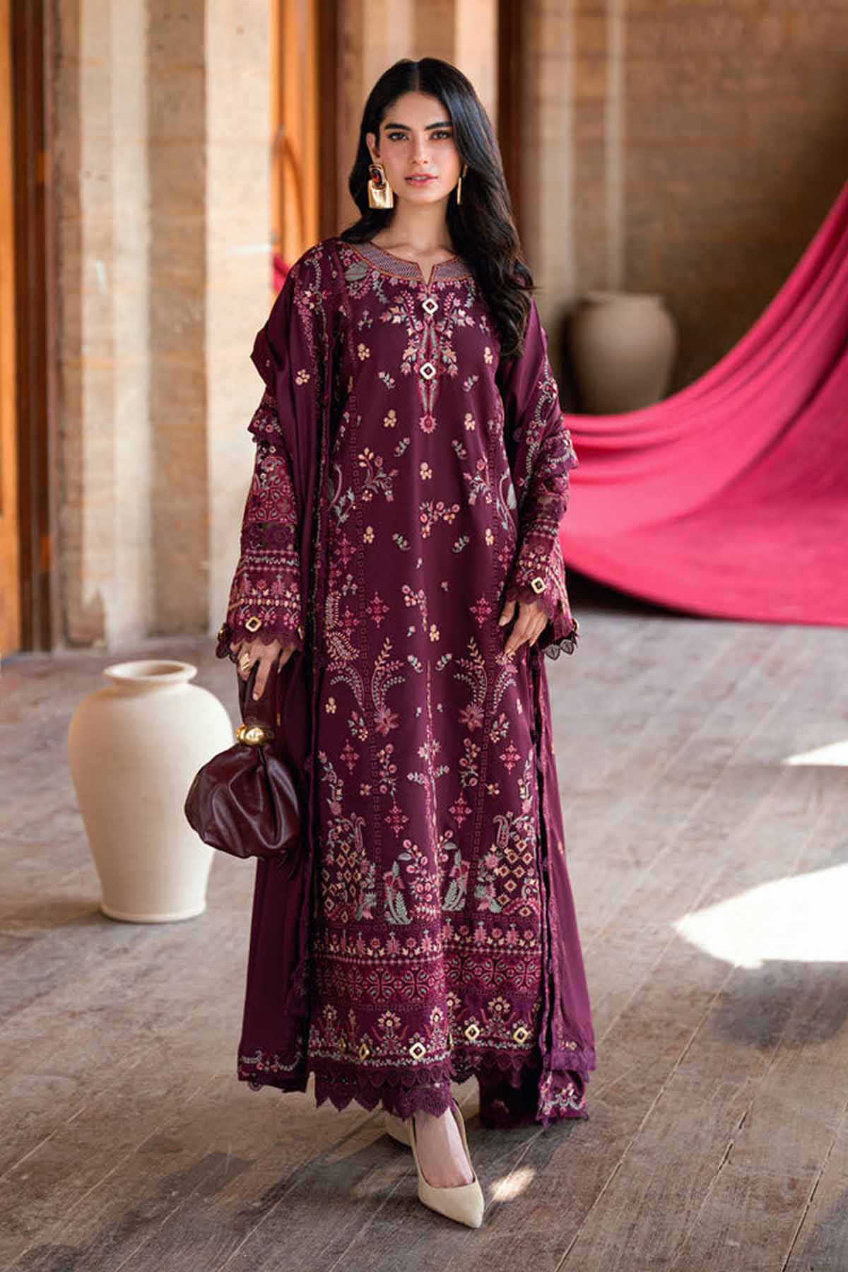FLORENT-3PC DHANAK EMBROIDERED SHIRT WITH DHANAK EMBROIDERED SHAWL AND TROUSER-BIC-5046
