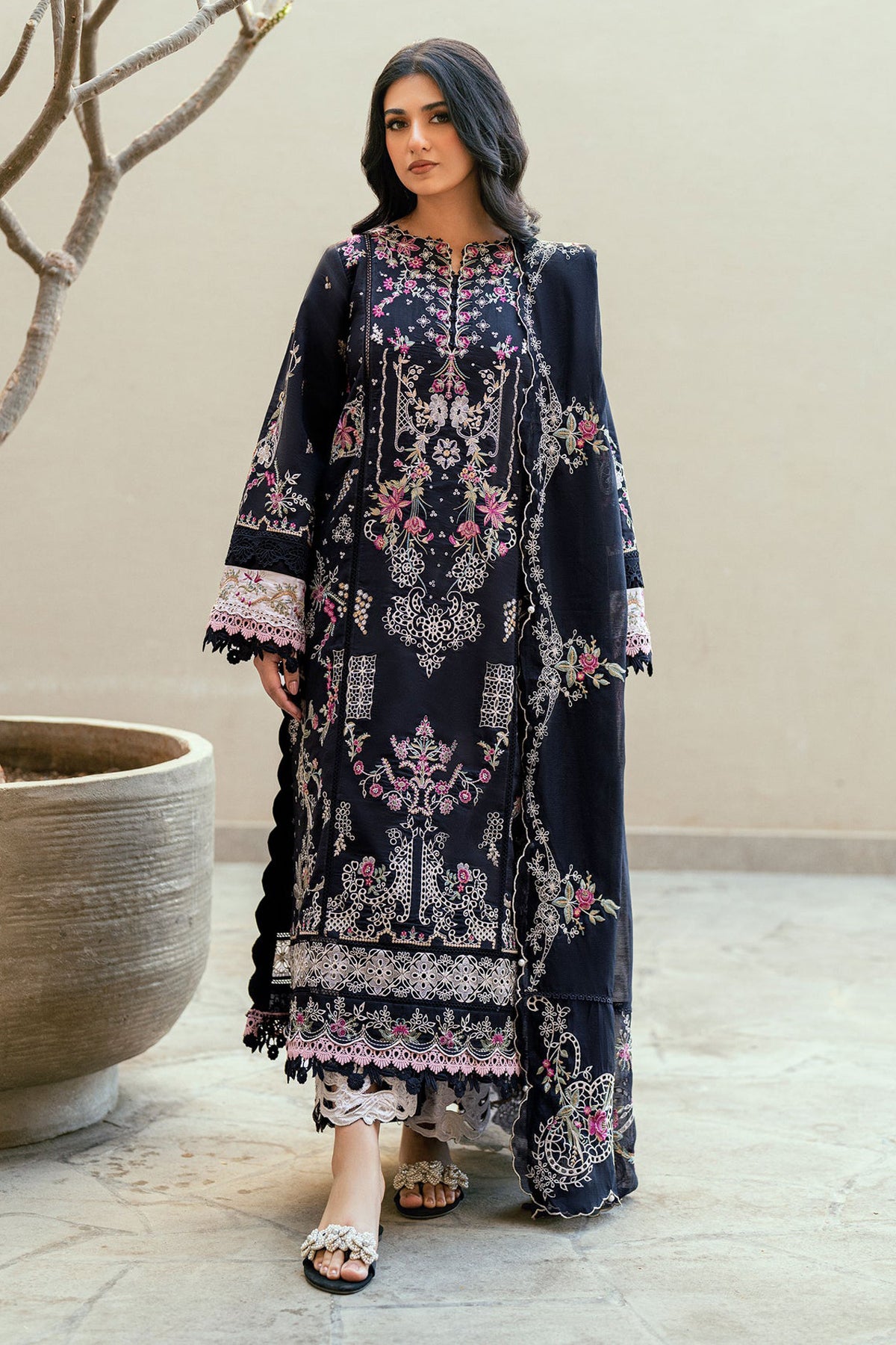 FLORENT-3PC DHANAK EMBROIDERED SHIRT WITH CHIFFON EMBROIDERED DUPATTA & TROUSER-BIC-4229