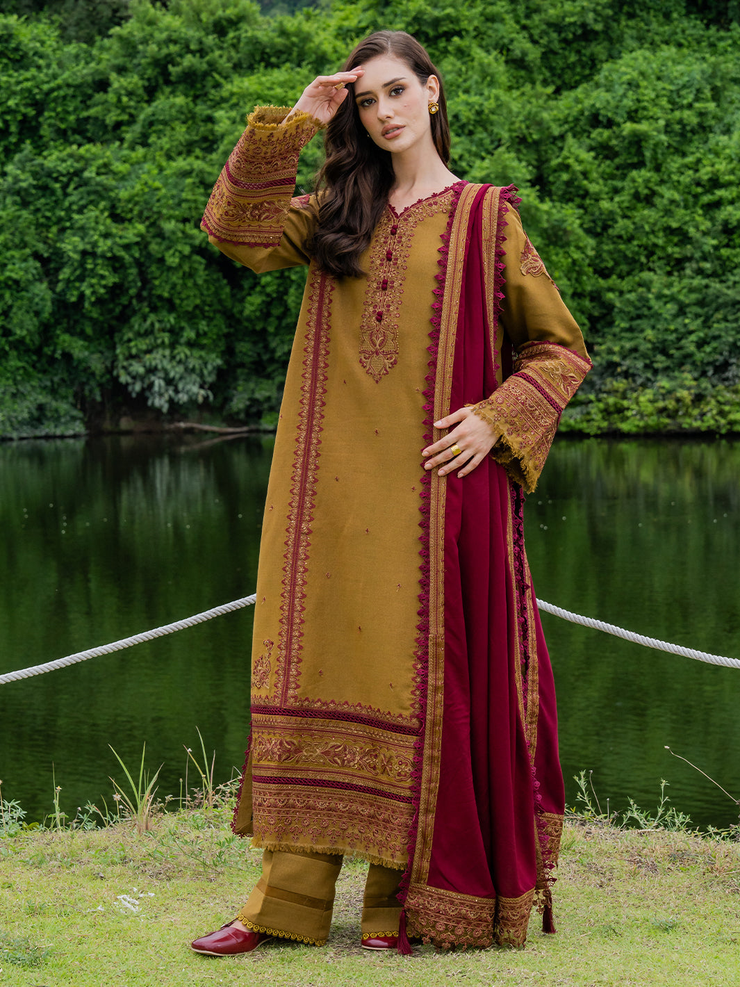 MUSHQ-3PC DHANAK EMBROIDERED SHIRT WITH DHANAK EMB SHAWL & TROUSER-BIC-5224