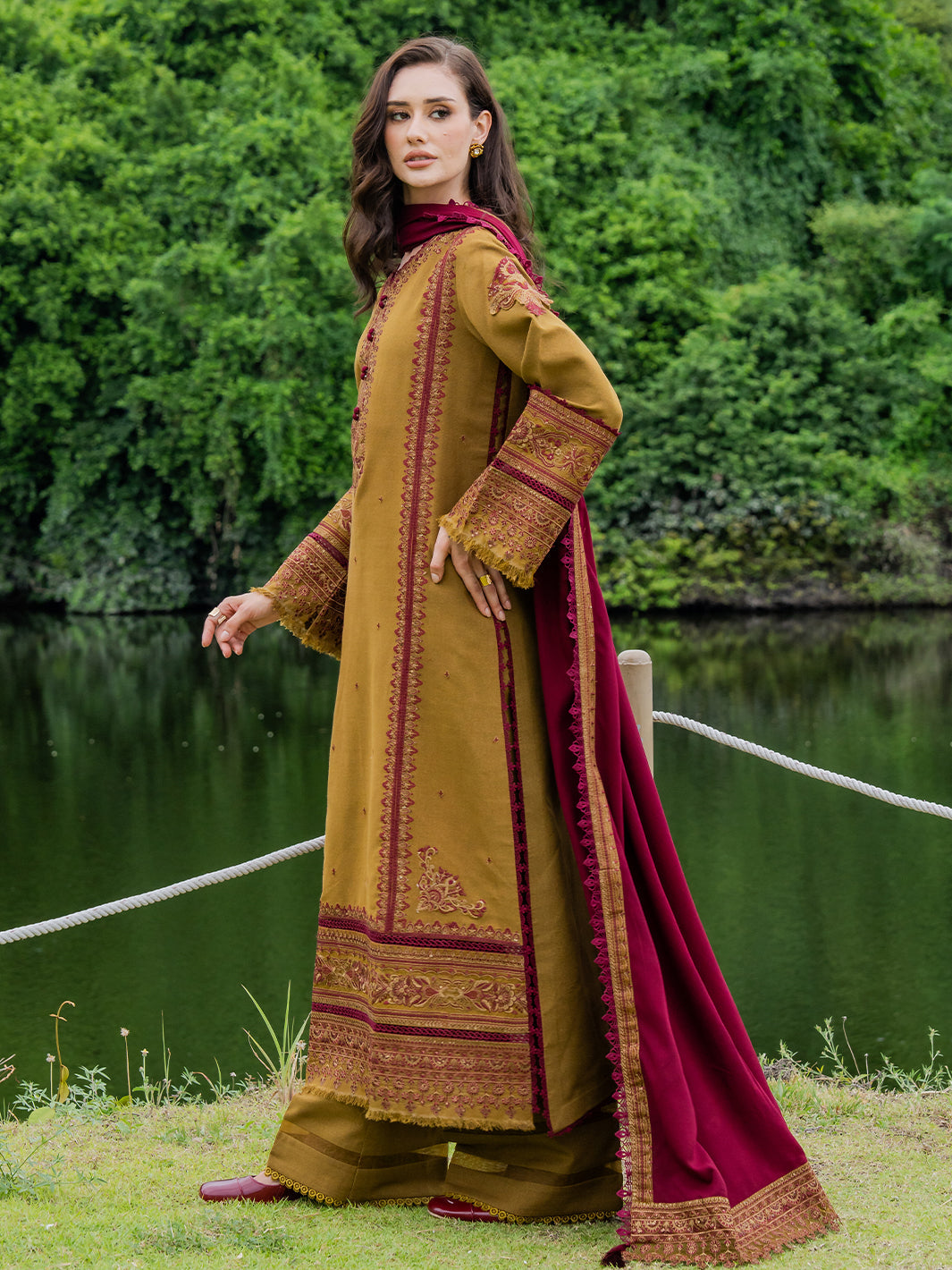 MUSHQ-3PC DHANAK EMBROIDERED SHIRT WITH DHANAK EMB SHAWL & TROUSER-BIC-5224
