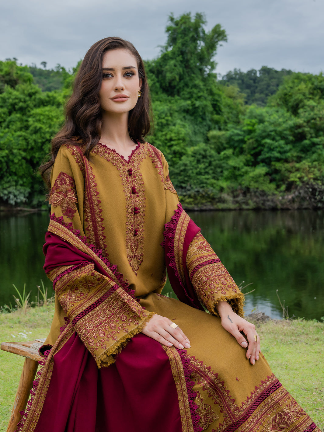 MUSHQ-3PC DHANAK EMBROIDERED SHIRT WITH DHANAK EMB SHAWL & TROUSER-BIC-5224