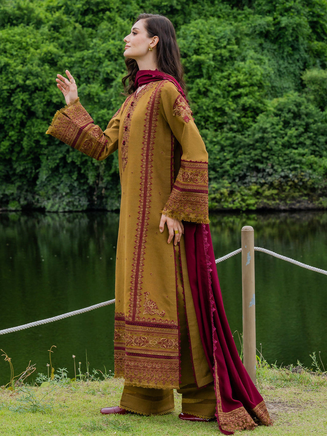 MUSHQ-3PC DHANAK EMBROIDERED SHIRT WITH DHANAK EMB SHAWL & TROUSER-BIC-5224