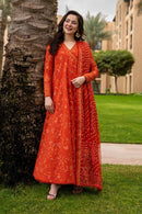 FAIZA SAQLAIN-FROCK 3PC LAWN EMBROIDERED SHIRT WITH CHUNRI PRINTED EMBROIDERED DUPATTA AND TROUSER-4866