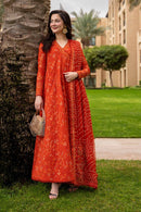 FAIZA SAQLAIN-FROCK 3PC LAWN EMBROIDERED SHIRT WITH CHUNRI PRINTED EMBROIDERED DUPATTA AND TROUSER-4866