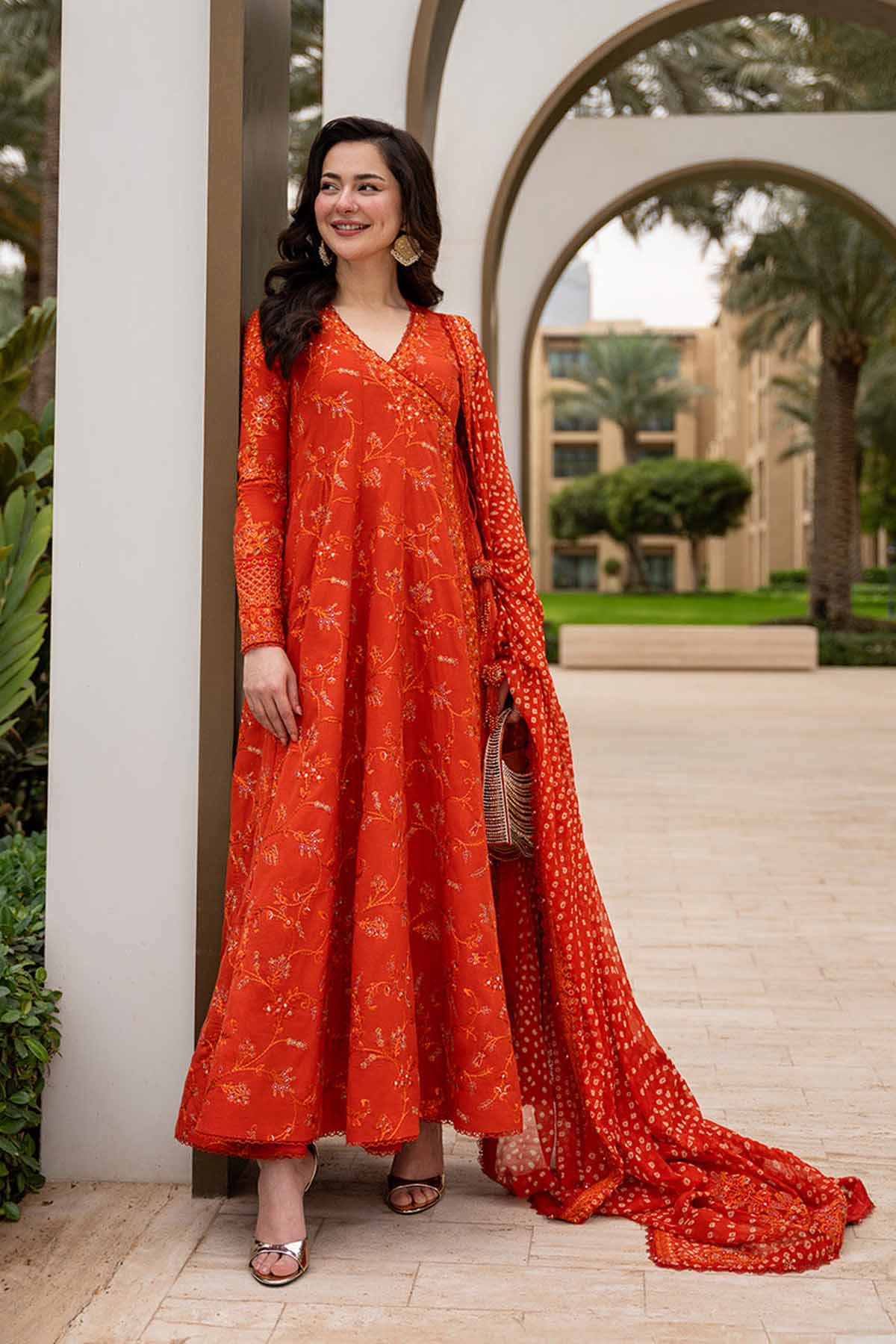 FAIZA SAQLAIN-FROCK 3PC LAWN EMBROIDERED SHIRT WITH CHUNRI PRINTED EMBROIDERED DUPATTA AND TROUSER-4866