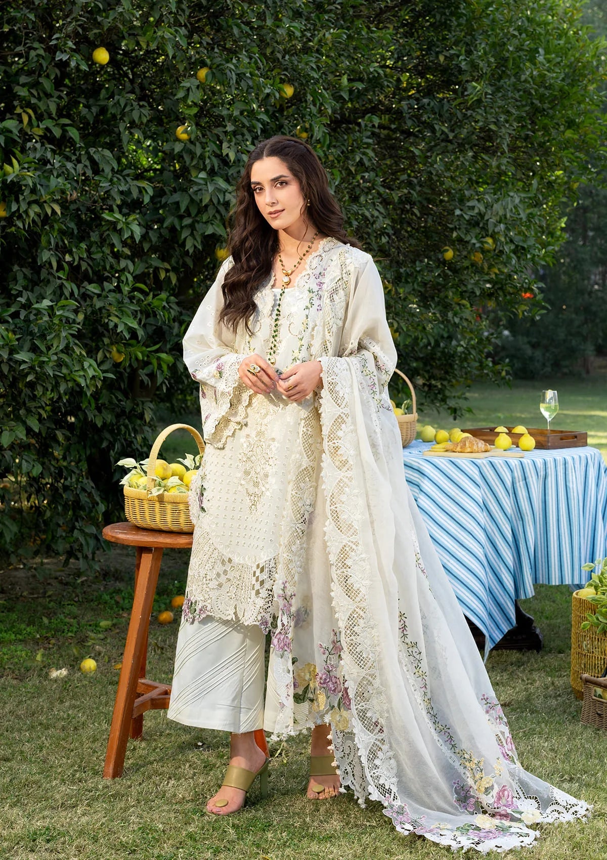 ELAF-3PC DHANAK EMBROIDERED SHIRT WITH DHANAK EMB SHAWL AND TROUSER-BIC-5217