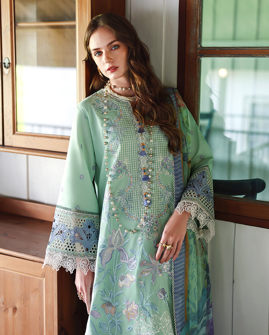MUSHQ-3PC LAWN HEAVY EMBROIDERED SHIRT WITH SILK PRINTED DUPATTA AND TROUSER-BIC-4909