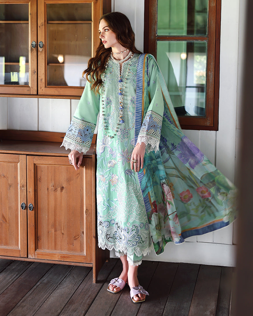 MUSHQ-3PC LAWN HEAVY EMBROIDERED SHIRT WITH SILK PRINTED DUPATTA AND TROUSER-BIC-4909