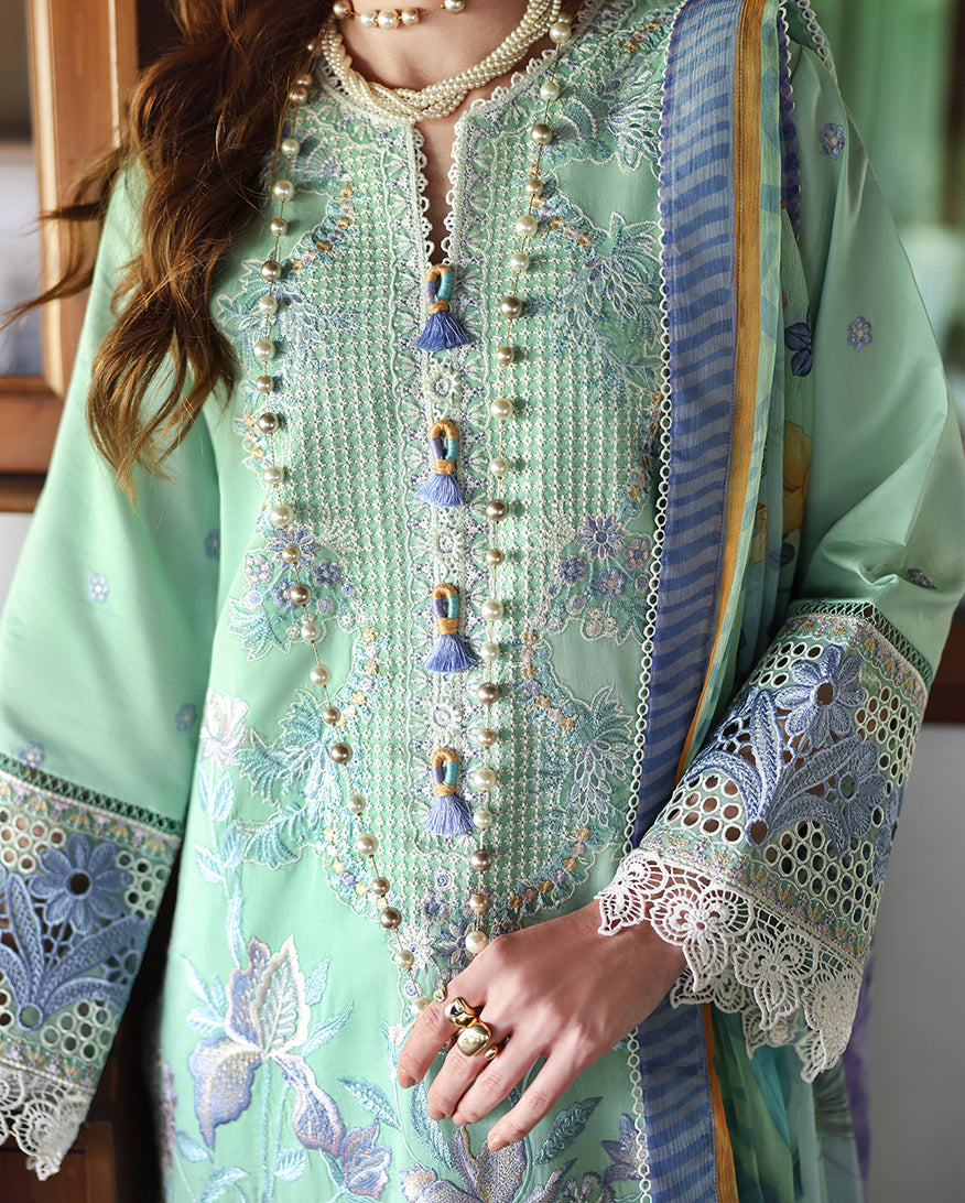 MUSHQ-3PC LAWN HEAVY EMBROIDERED SHIRT WITH SILK PRINTED DUPATTA AND TROUSER-BIC-4909