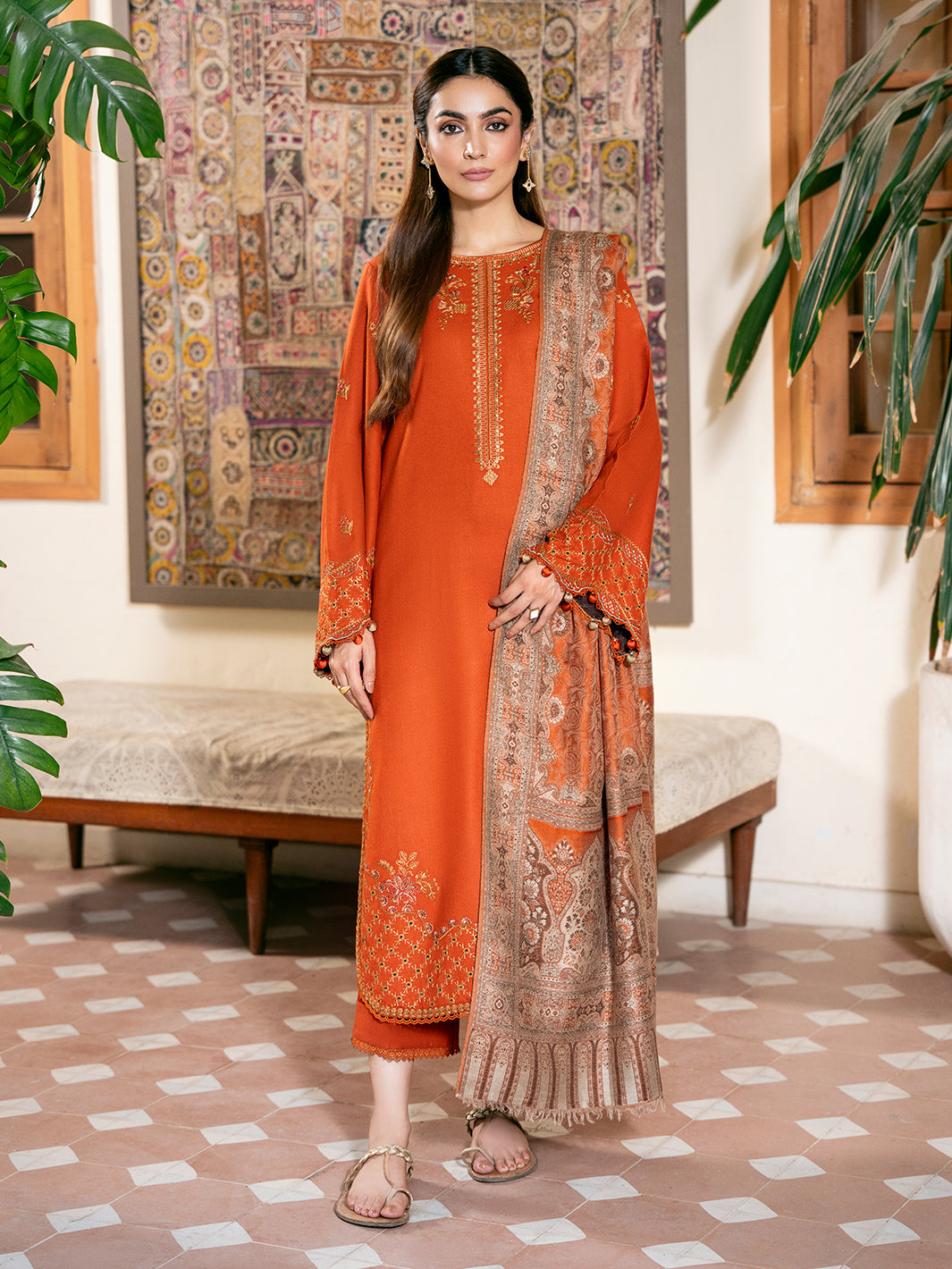 IZEL-3PC DHANAK EMBROIDERED SHIRT WITH WOOL PRINTED SHAWL AND TROUSER-BIC-5035