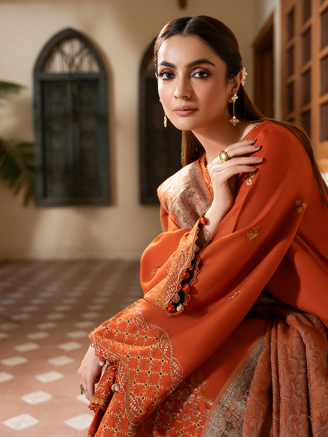 IZEL-3PC DHANAK EMBROIDERED SHIRT WITH WOOL PRINTED SHAWL AND TROUSER-BIC-5035