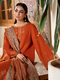 IZEL-3PC DHANAK EMBROIDERED SHIRT WITH WOOL PRINTED SHAWL AND TROUSER-BIC-5035