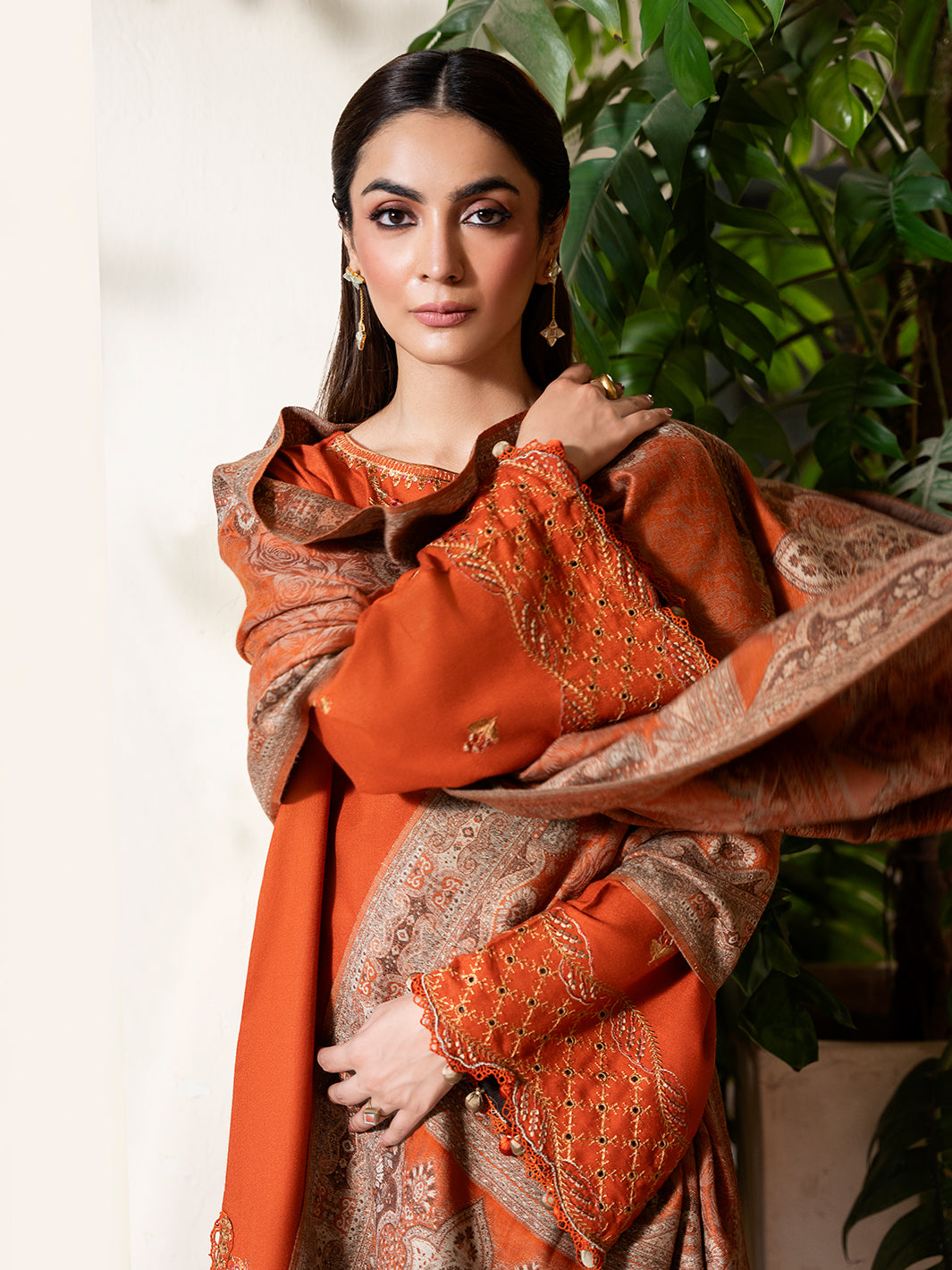 IZEL-3PC DHANAK EMBROIDERED SHIRT WITH WOOL PRINTED SHAWL AND TROUSER-BIC-5035