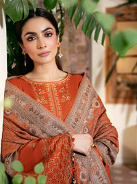 IZEL-3PC DHANAK EMBROIDERED SHIRT WITH WOOL PRINTED SHAWL AND TROUSER-BIC-5035