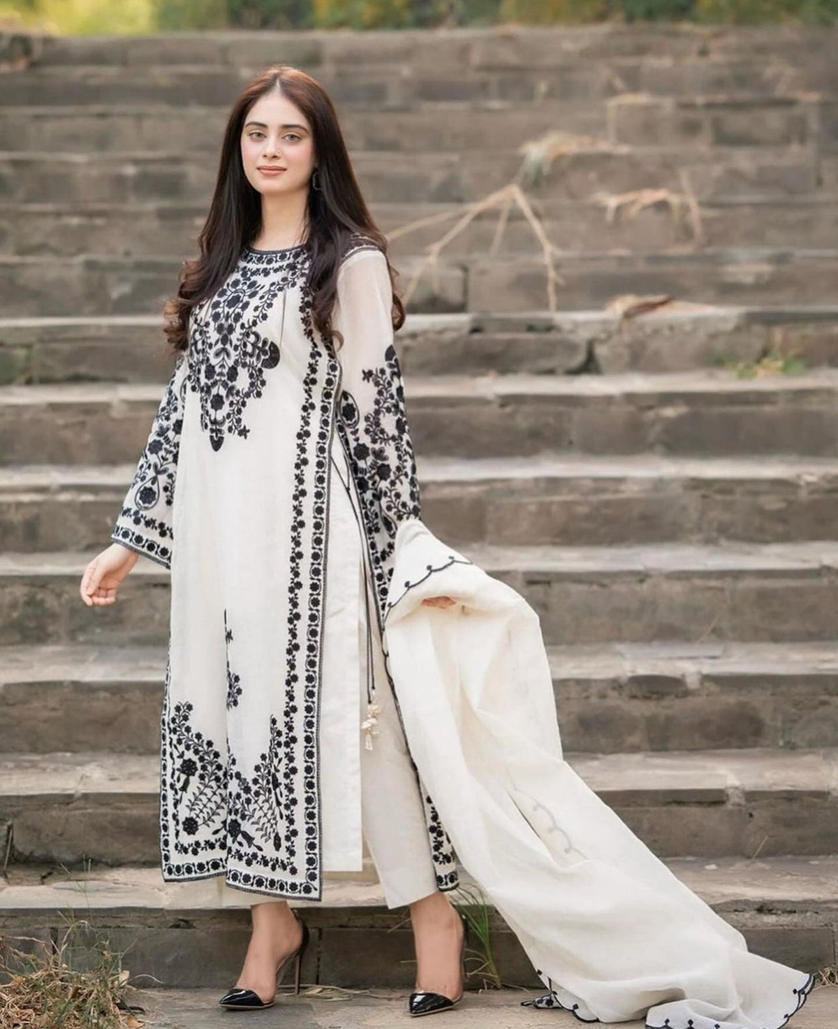 JAZMIN-3PC DHANAK EMBROIDERED SHIRT WITH DHANAK EMBROIDERED SHAWL & TROUSER-BIC-4205