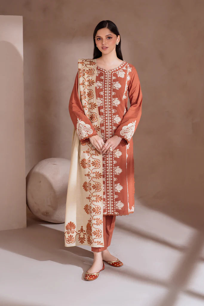 IZNIK-3PC DHANAK EMBROIDERED SHIRT WITH DHANAK EMBROIDERED SHAWL & TROUSER-BIC-3388