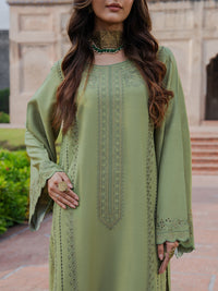 IZEL-3PC DHANAK EMBROIDERED SHIRT WITH COURTRAI PRINTED SHAWL & TROUSER-BIC-4349