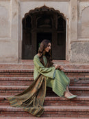 IZEL-3PC DHANAK EMBROIDERED SHIRT WITH COURTRAI PRINTED SHAWL & TROUSER-BIC-4349