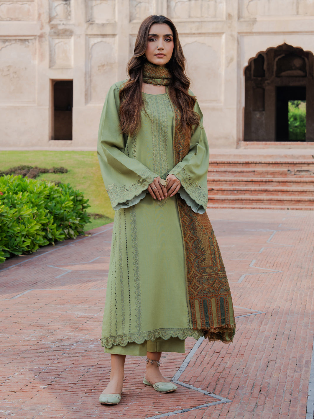 IZEL-3PC DHANAK EMBROIDERED SHIRT WITH COURTRAI PRINTED SHAWL & TROUSER-BIC-4349