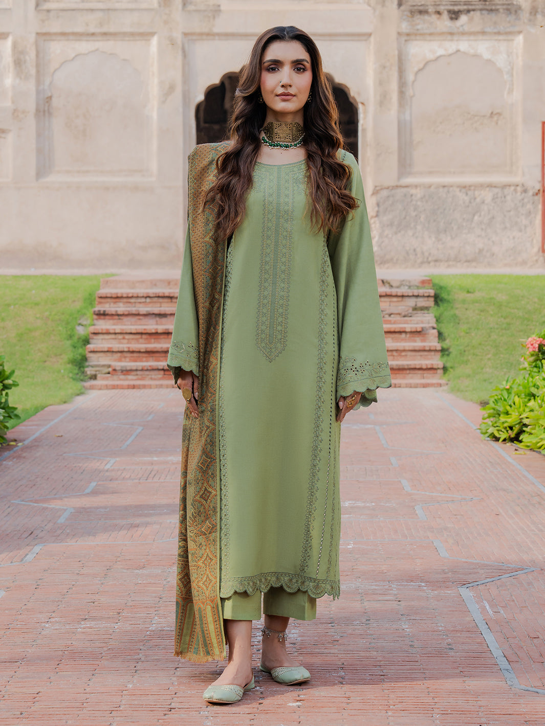 IZEL-3PC DHANAK EMBROIDERED SHIRT WITH COURTRAI PRINTED SHAWL & TROUSER-BIC-4349