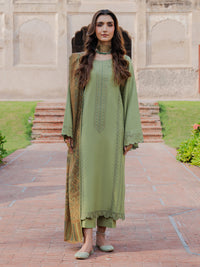 IZEL-3PC DHANAK EMBROIDERED SHIRT WITH COURTRAI PRINTED SHAWL & TROUSER-BIC-4349