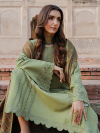 IZEL-3PC DHANAK EMBROIDERED SHIRT WITH COURTRAI PRINTED SHAWL & TROUSER-BIC-4349