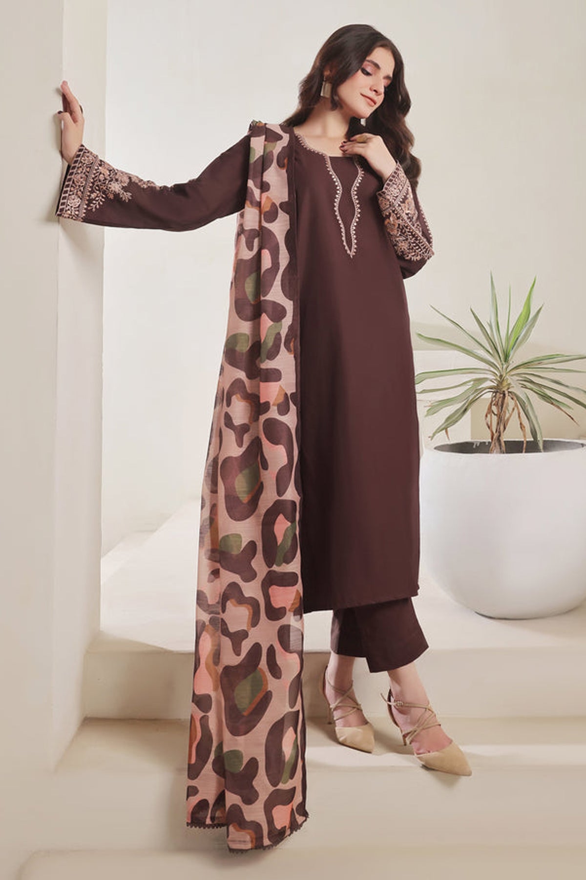 BATIK-3PC DHANAK EMBROIDERED SHIRT WITH COURTRAI PRINTED SHAWL AND TROUSER-BIC-4277