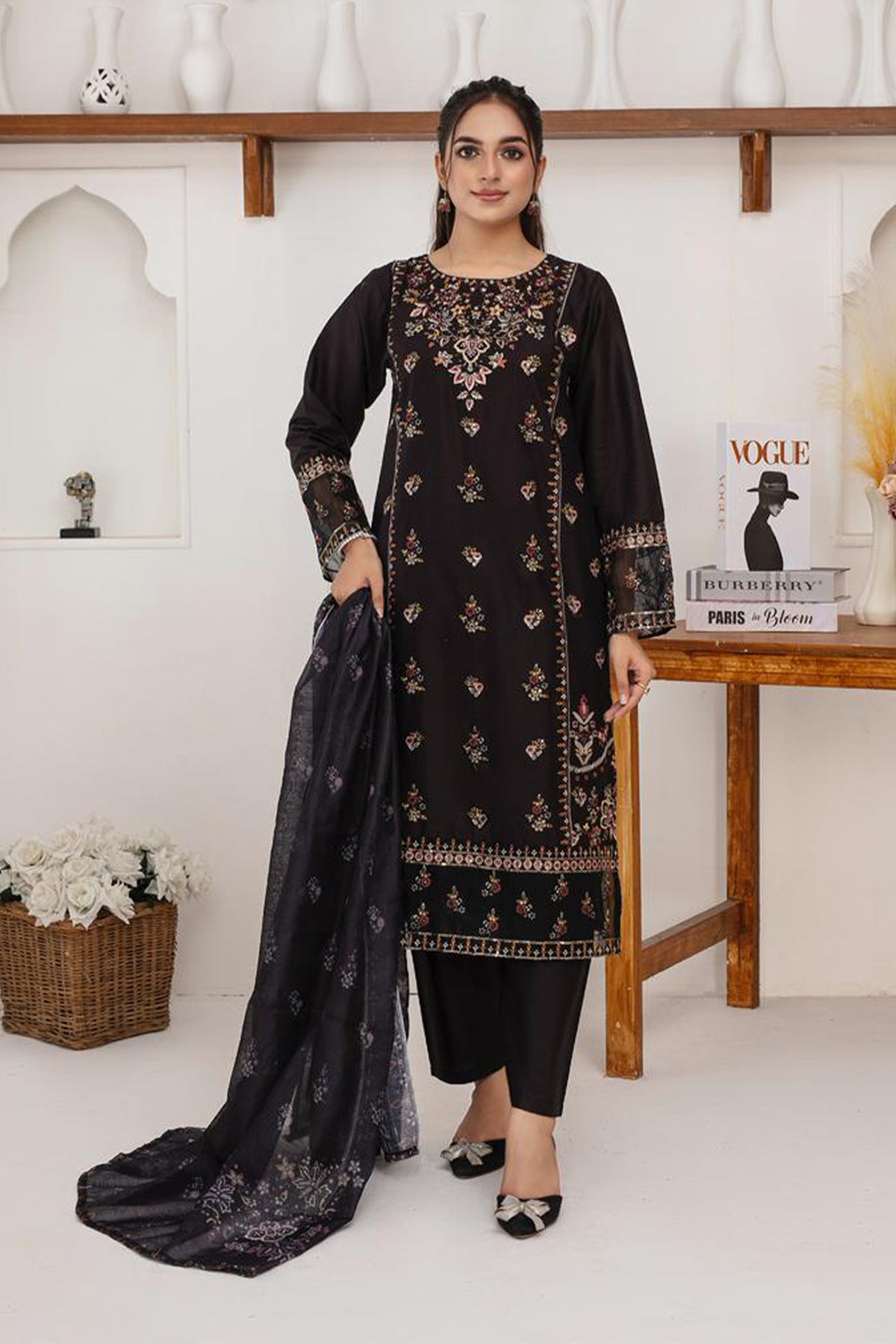 BRANDS INN -WINTER COTTON 3PC EMBROIDERED SHIRT WITH DORIA PRINTED SHAWL-BIC-2006