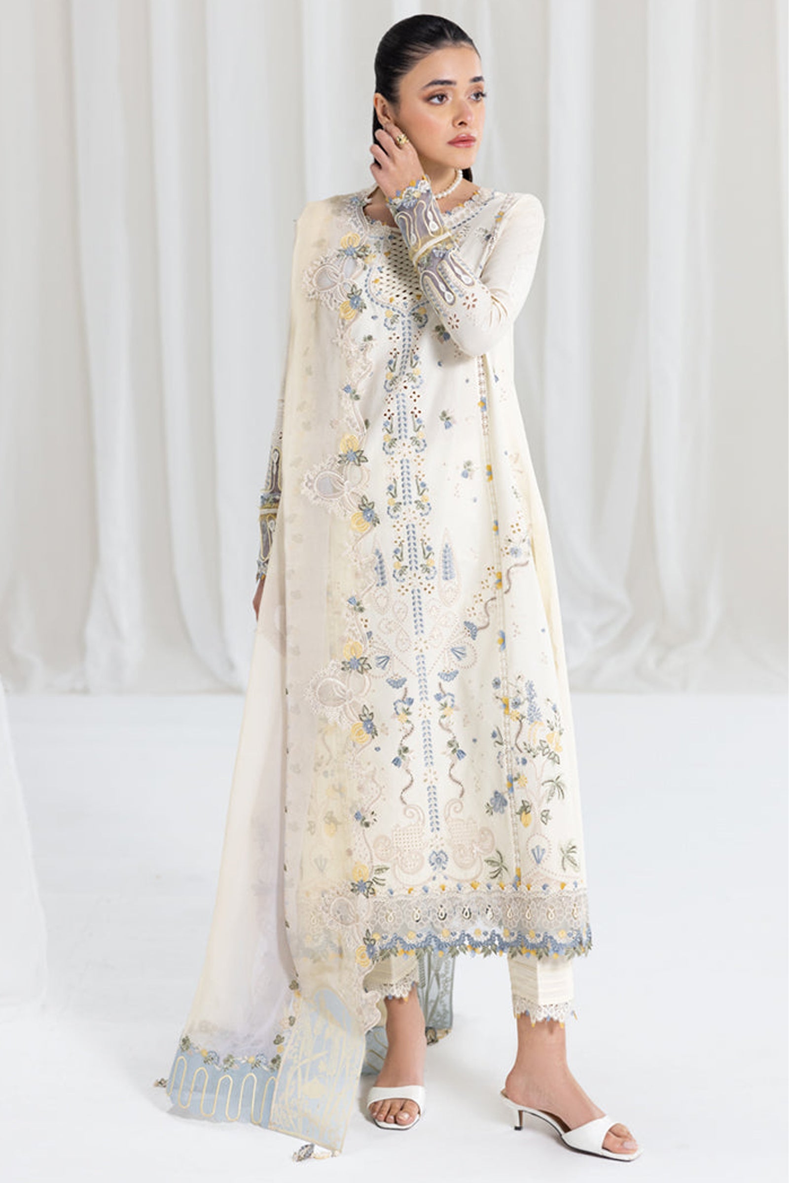 QALAMQAR - 3PC LAWN EMBROIDERED SHIRT WITH NET EMBROIDERED DUPATTA AND TROUSER -BIC-3801