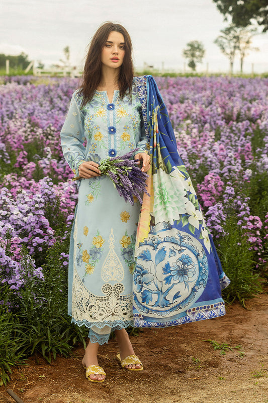MUSHQ-3PC LAWN EMBROIDERED SHIRT WITH CHIFFON PRINT DUPATTA & TROUSER-BIC-3729