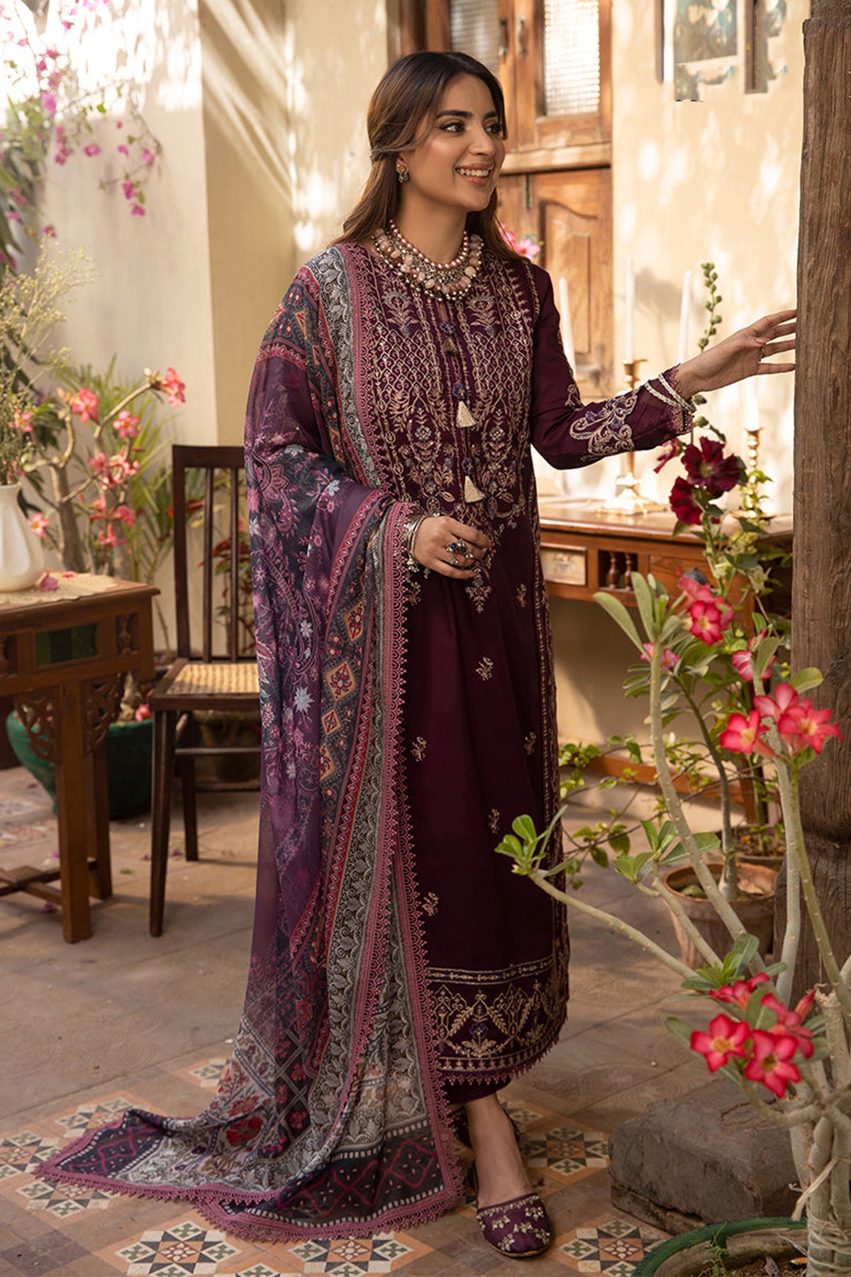 ASIM JOFA-3PC DHANAK EMBROIDRED SHIRT WITH COURTRAI PRINTED SHAWL AND TROUSER-BIC-4252