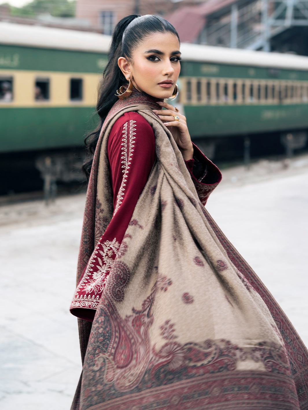 IZEL-3PC DHANAK EMBROIDERED SHIRT WITH COUTRAI PRINTED SHAWL AND TROUSER-BIC-4127