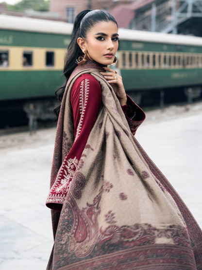 IZEL-3PC DHANAK EMBROIDERED SHIRT WITH COUTRAI PRINTED SHAWL AND TROUSER-BIC-4127