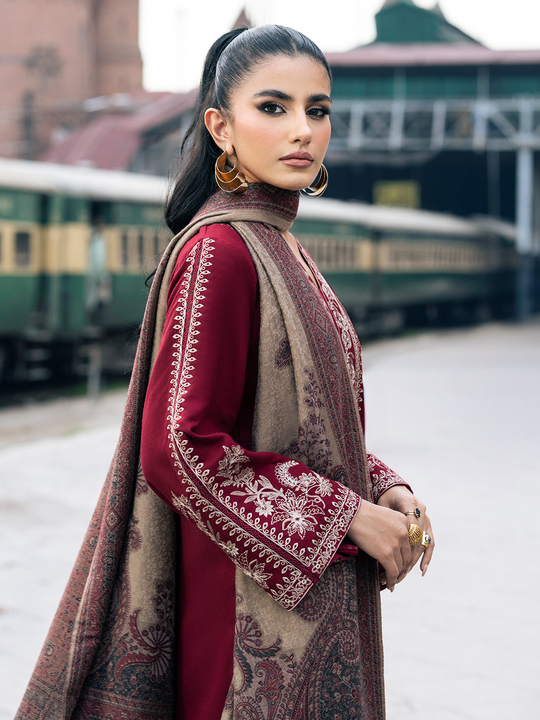 IZEL-3PC DHANAK EMBROIDERED SHIRT WITH COUTRAI PRINTED SHAWL AND TROUSER-BIC-4127