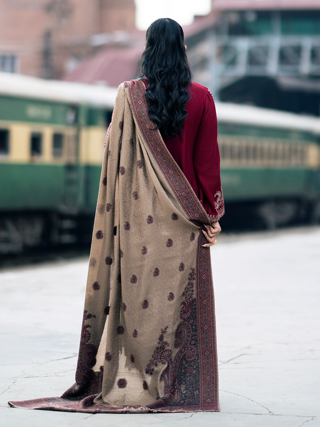 IZEL-3PC DHANAK EMBROIDERED SHIRT WITH COUTRAI PRINTED SHAWL AND TROUSER-BIC-4127