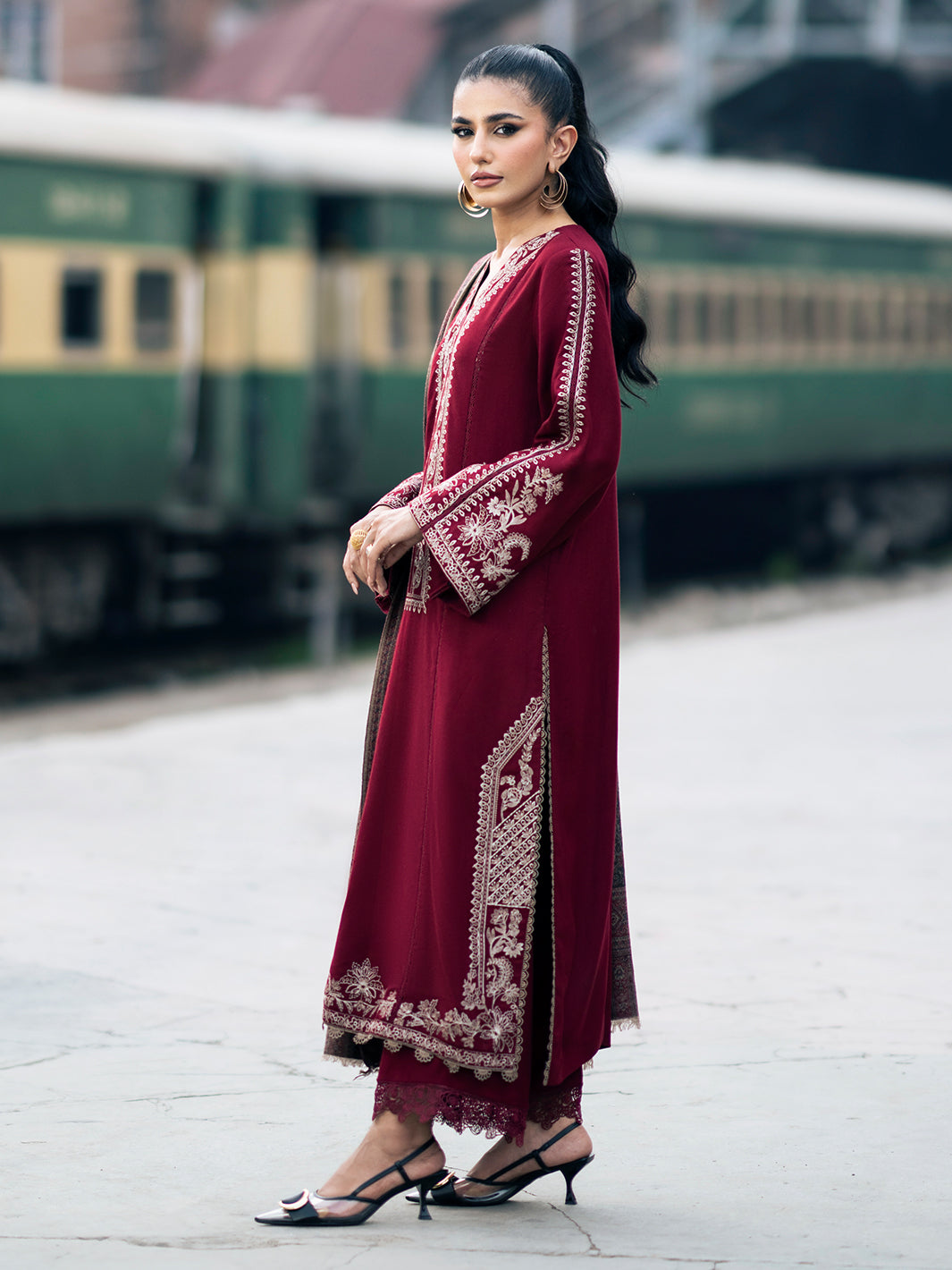 IZEL-3PC DHANAK EMBROIDERED SHIRT WITH COUTRAI PRINTED SHAWL AND TROUSER-BIC-4127