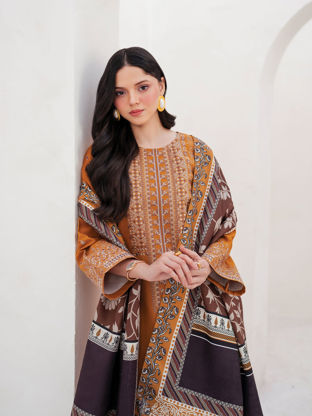 GARNET-3PC DHANAK EMBROIDERED SHIRT WITH COURTRAI PRINTED SHAWL AND TROUSER-BIC-4201