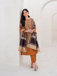 GARNET-3PC DHANAK EMBROIDERED SHIRT WITH COURTRAI PRINTED SHAWL AND TROUSER-BIC-4201