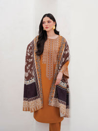 GARNET-3PC DHANAK EMBROIDERED SHIRT WITH COURTRAI PRINTED SHAWL AND TROUSER-BIC-4201