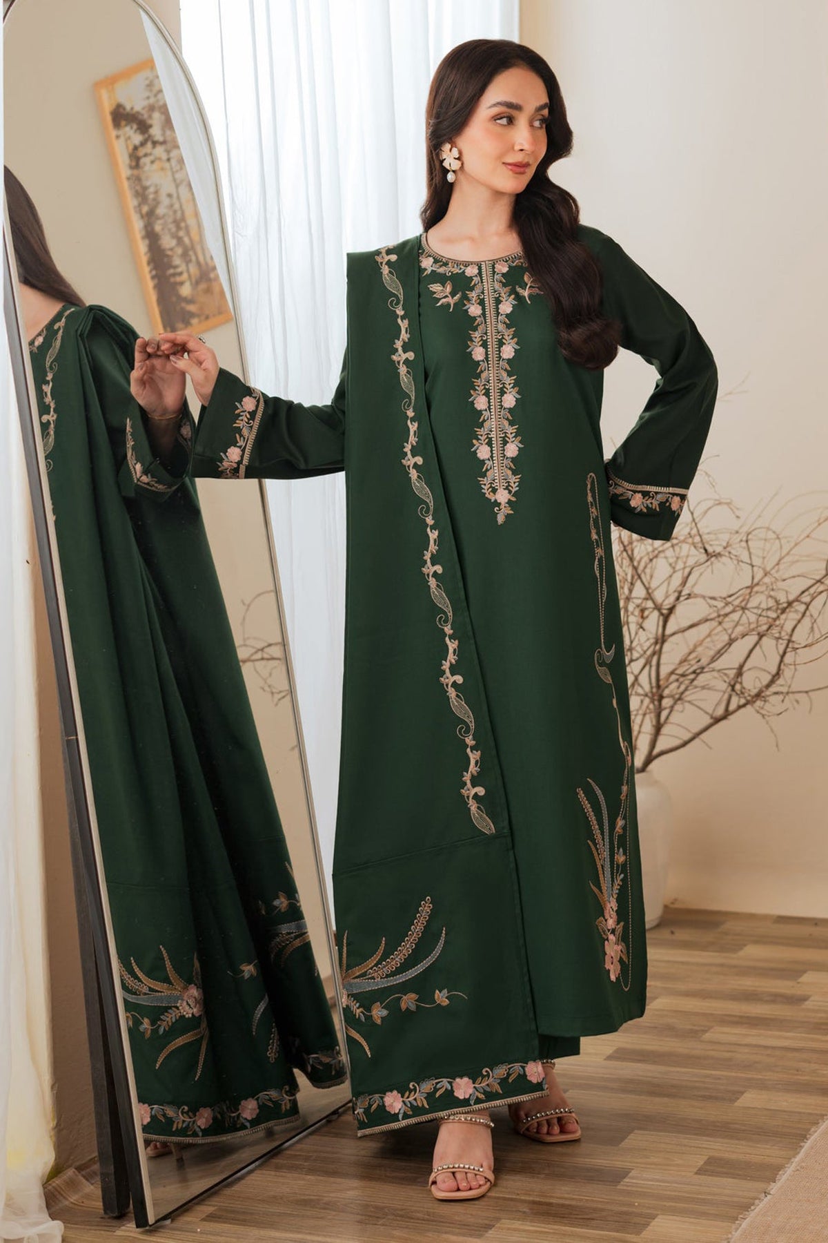 BATIK-3PC DHANAK EMBROIDERED SHIRT WITH DHANAK EMBROIDERED SHAWL AND TROUSER-BIC-4422